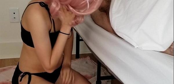  Young teen cosplay kitten awakens old man with secret blowjob and swallow.